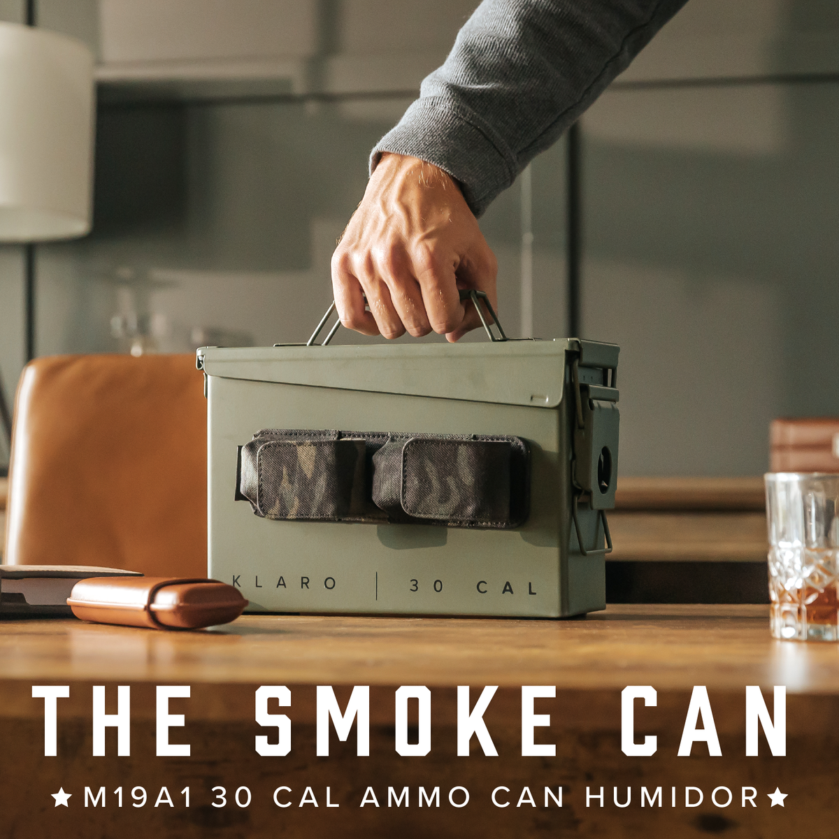 30 Cal ammo can cigar humidor with Spanish cedar tray and magnetic accessory holder – rugged military-inspired design.