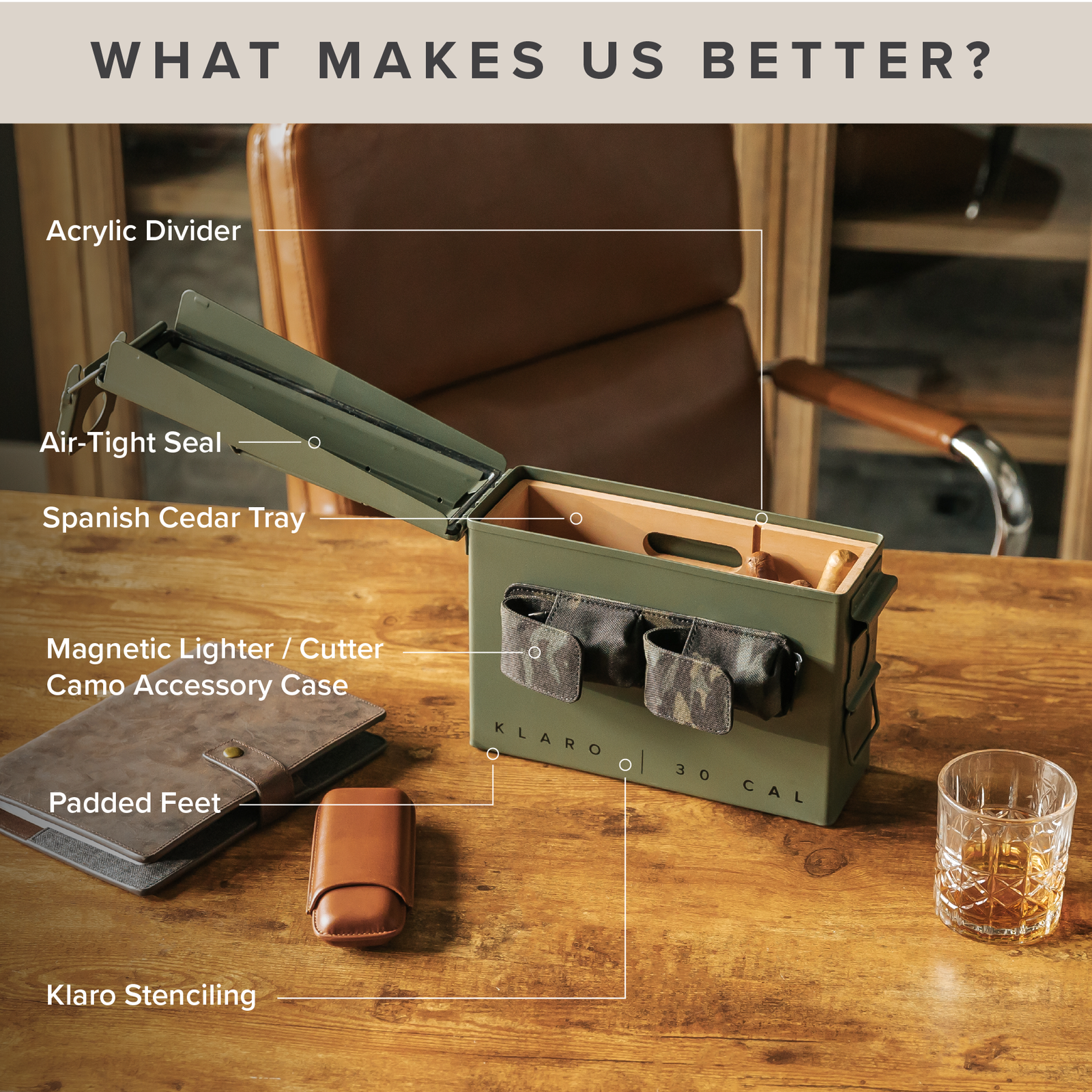 30 Cal ammo can cigar humidor with Spanish cedar tray and magnetic accessory holder – rugged military-inspired design.