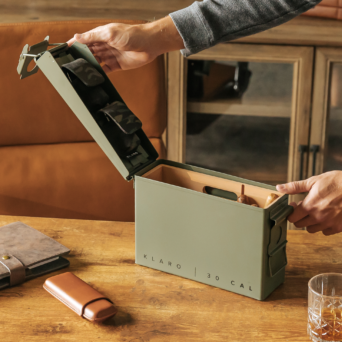 30 Cal ammo can cigar humidor with Spanish cedar tray and magnetic accessory holder – rugged military-inspired design.