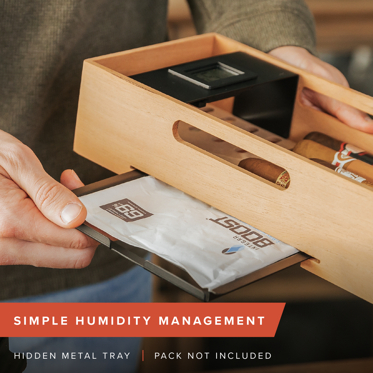 Black 50 Cal ammo can cigar humidor with Spanish cedar trays and digital hygrometer.