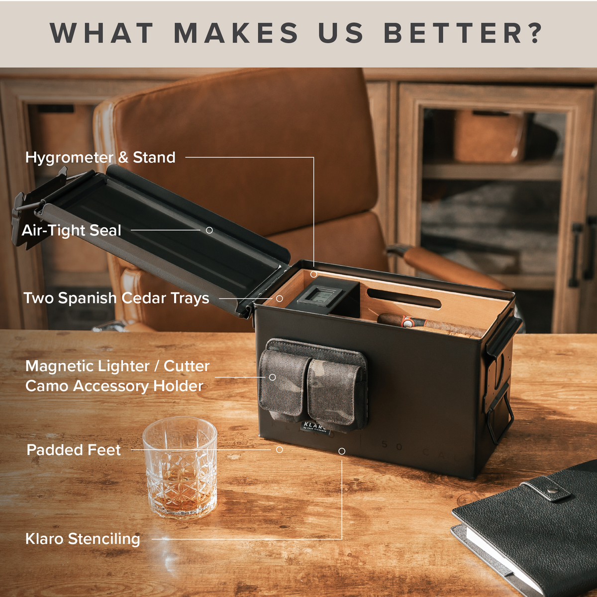 Black 50 Cal ammo can cigar humidor with Spanish cedar trays and digital hygrometer.