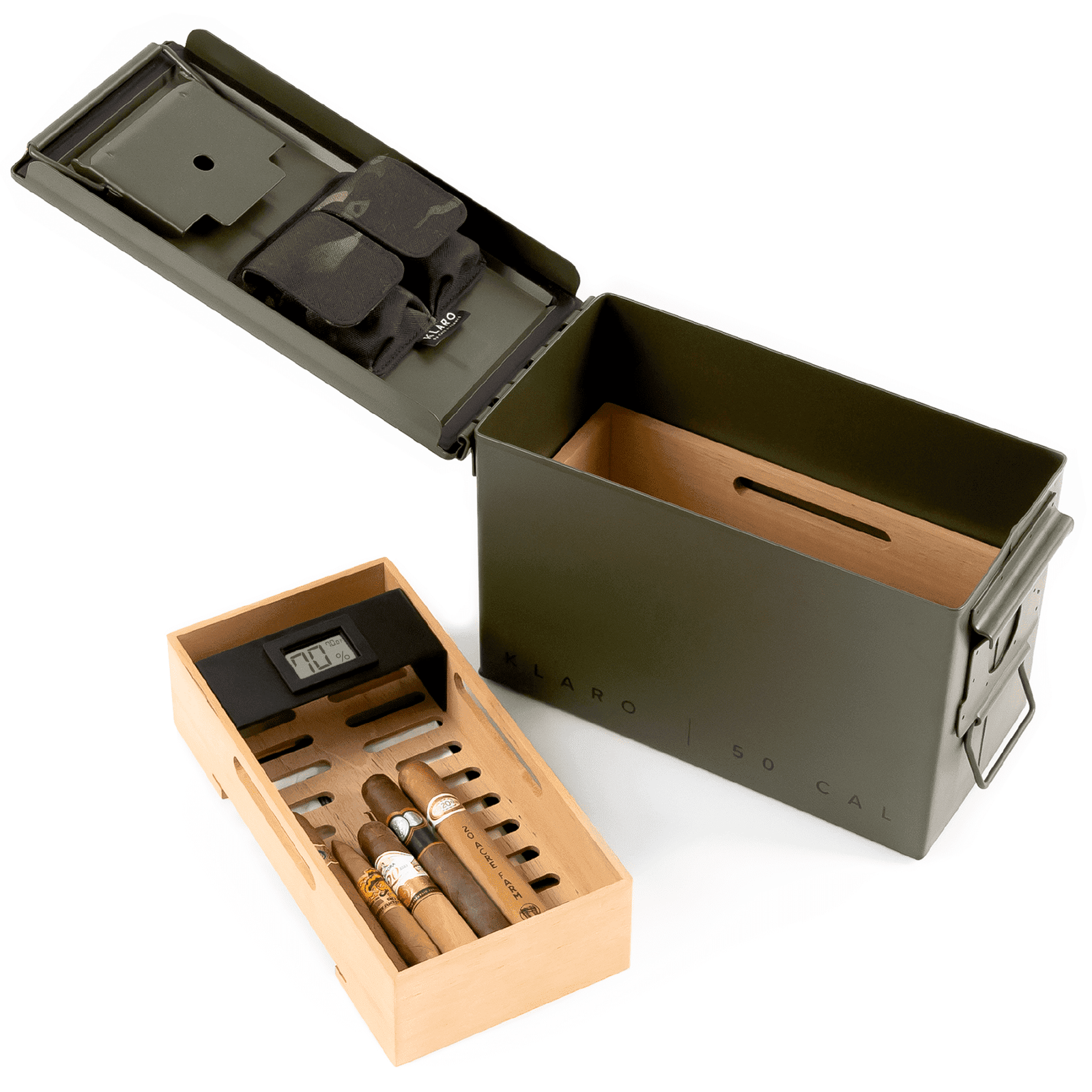Green 50 Cal ammo can cigar humidor with Spanish cedar trays and digital hygrometer.