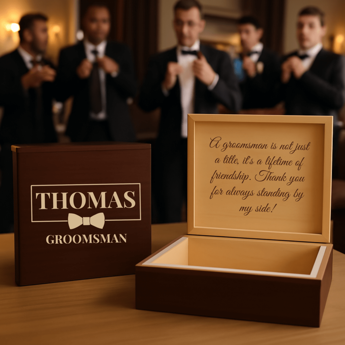 Personalized groomsman keepsake box with engraved name and message