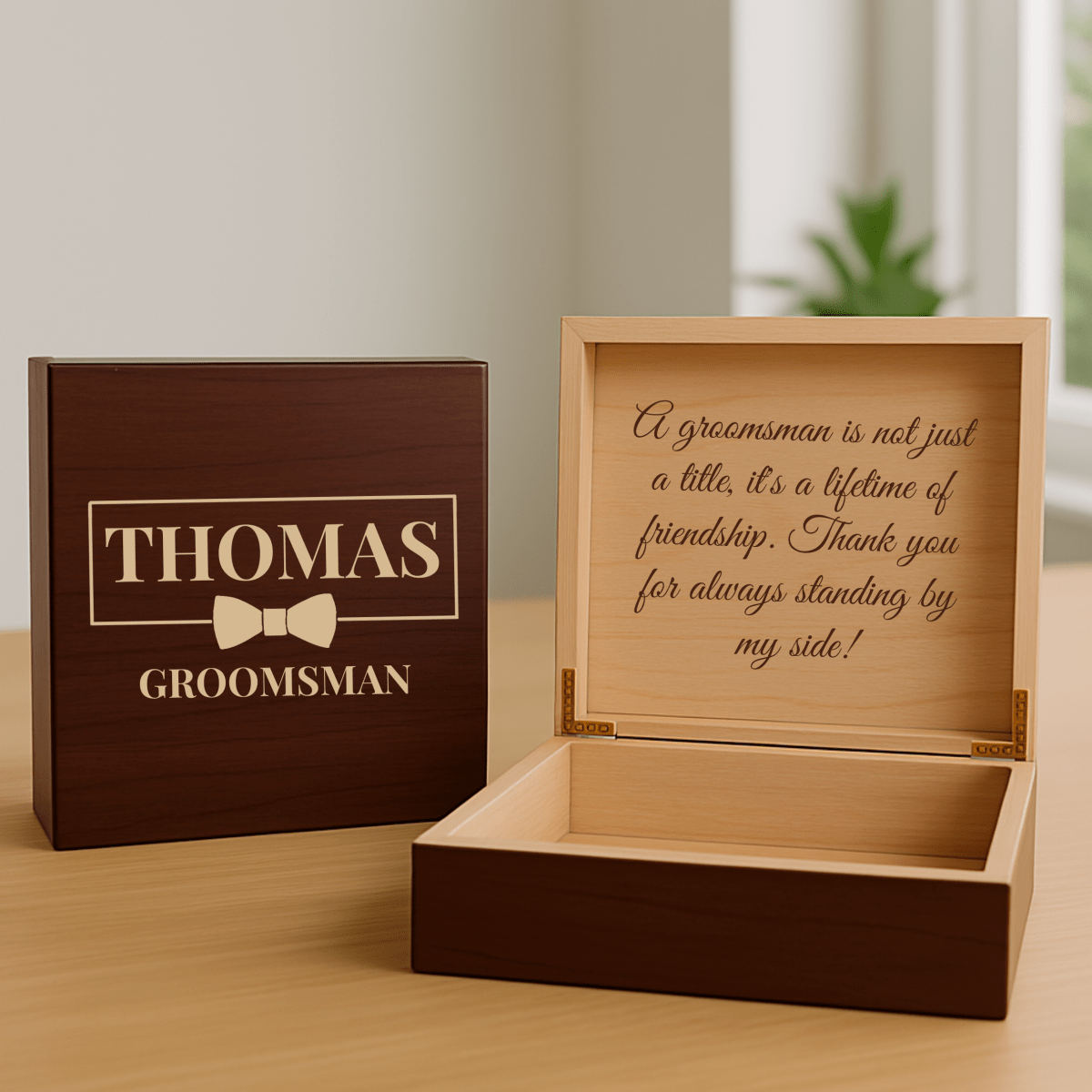 Personalized groomsman keepsake box with engraved name and message