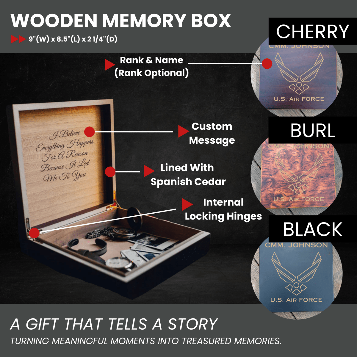 Custom engraved Air Force keepsake box with name, rank, and message