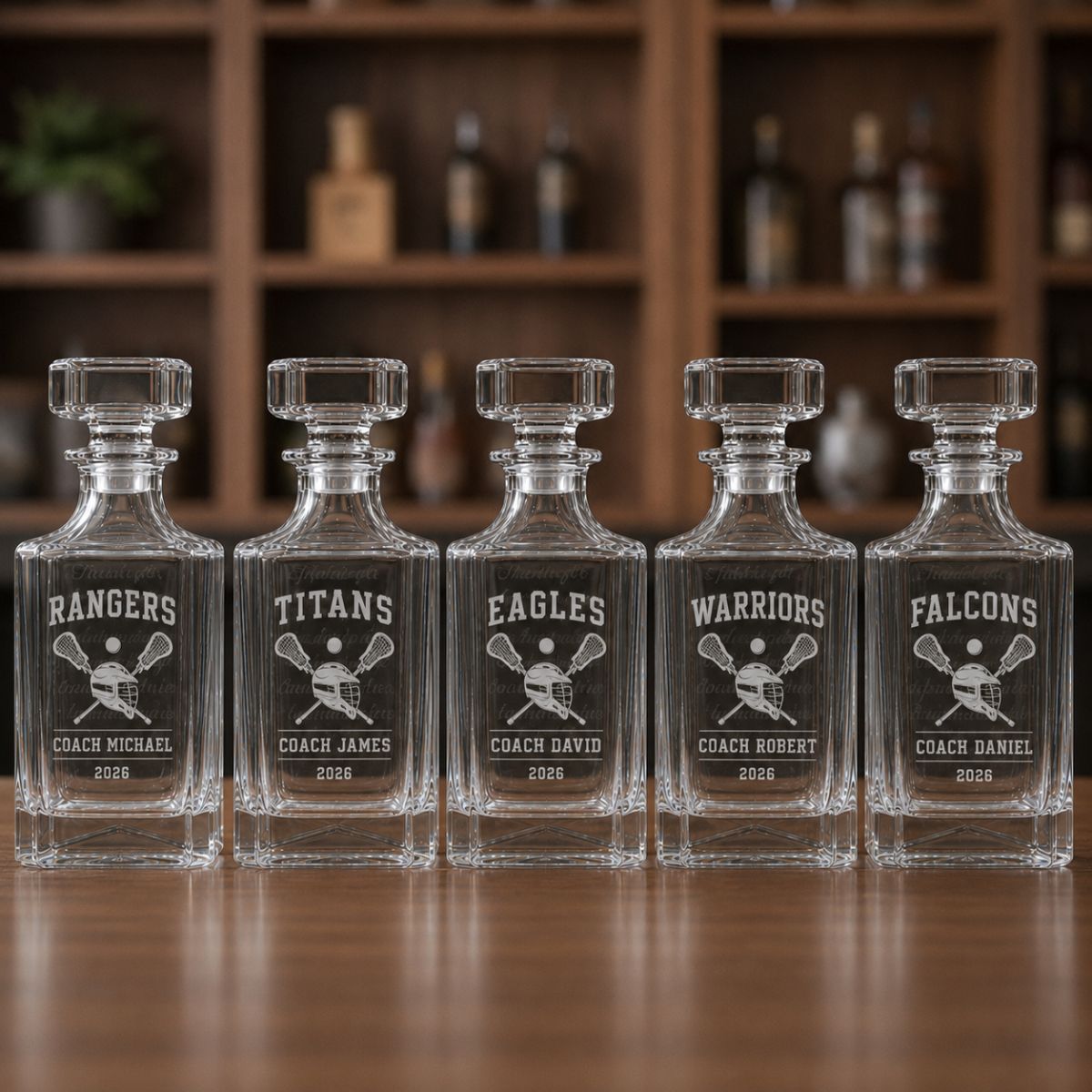 Personalized lacrosse coach decanter engraved with team name, coach name, and year, handcrafted in Connecticut, a unique gift for lacrosse coaches.