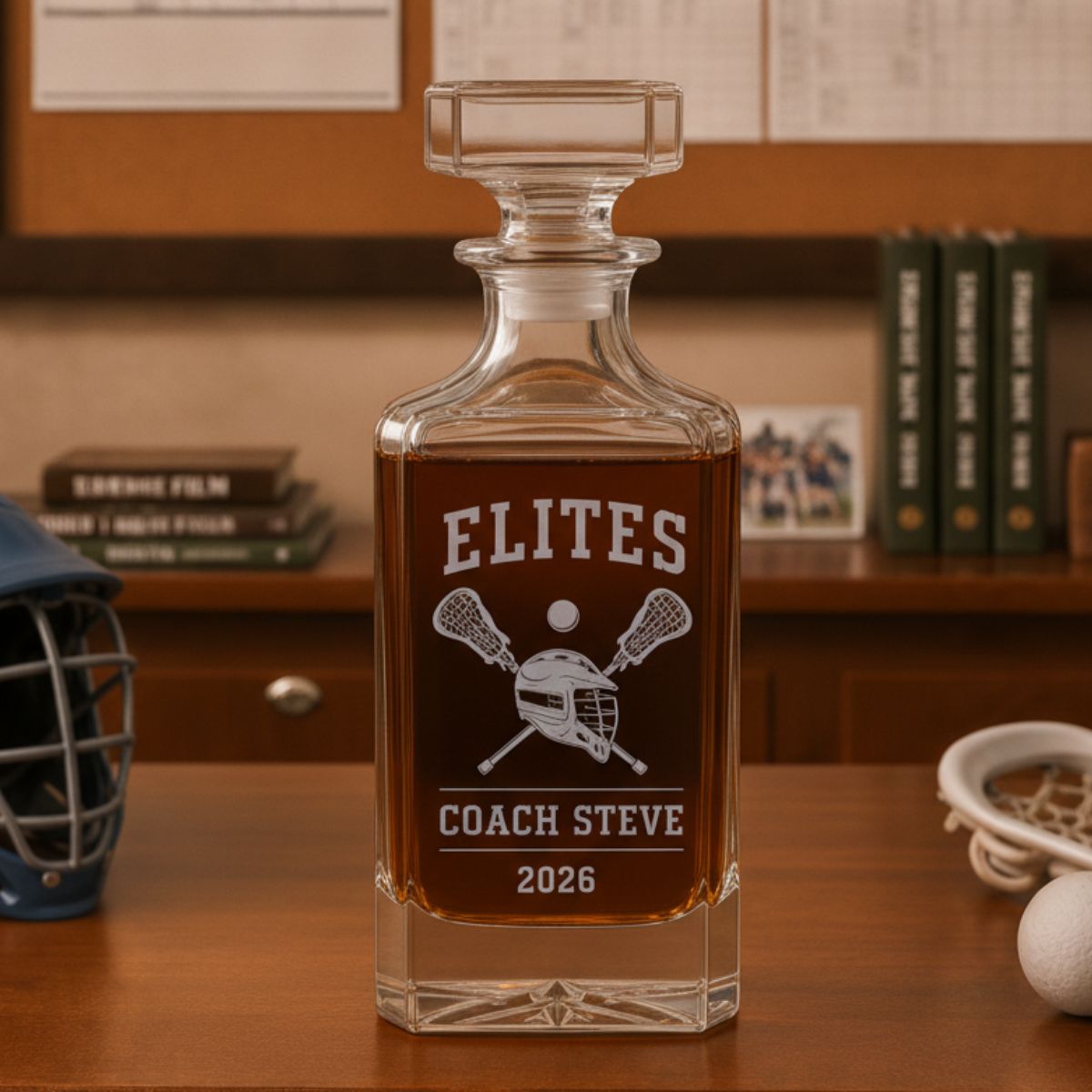Personalized lacrosse coach decanter engraved with team name, coach name, and year, handcrafted in Connecticut, a unique gift for lacrosse coaches.