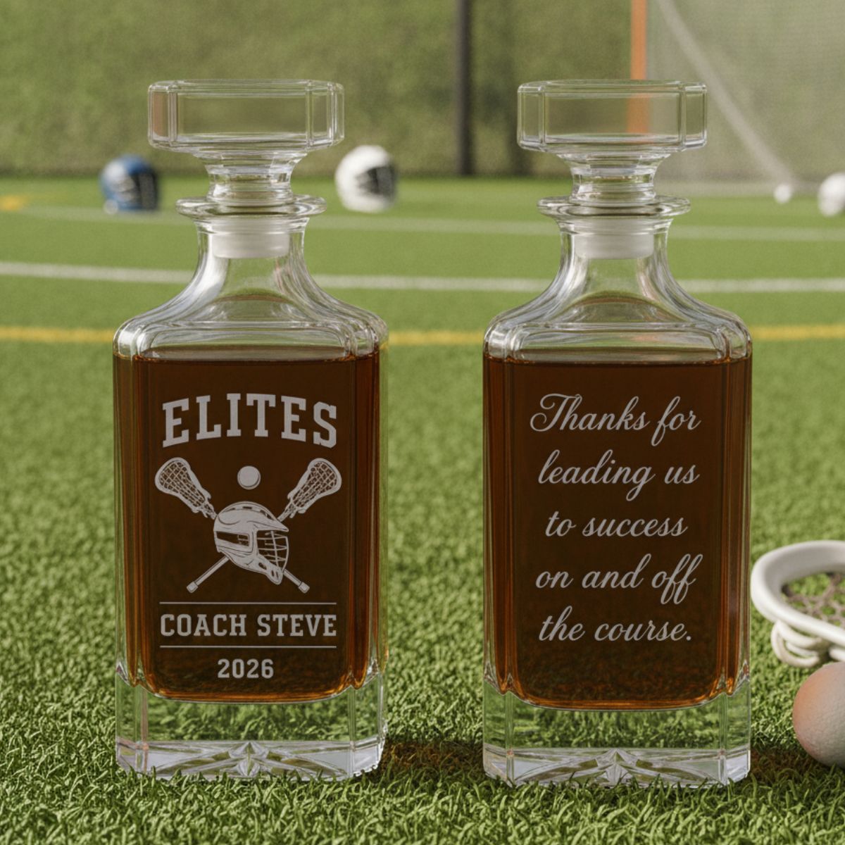 Personalized lacrosse coach decanter engraved with team name, coach name, and year, handcrafted in Connecticut, a unique gift for lacrosse coaches.
