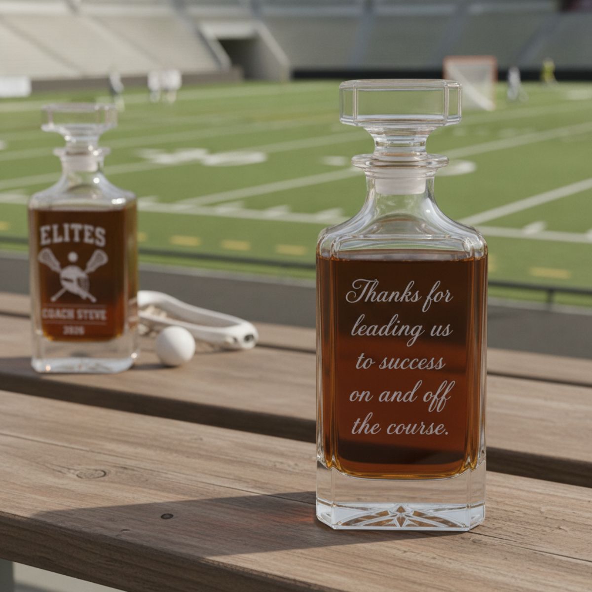 Personalized lacrosse coach decanter engraved with team name, coach name, and year, handcrafted in Connecticut, a unique gift for lacrosse coaches.