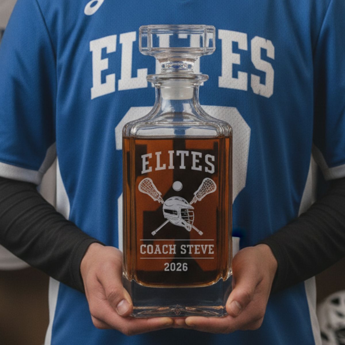 Personalized lacrosse coach decanter engraved with team name, coach name, and year, handcrafted in Connecticut, a unique gift for lacrosse coaches.