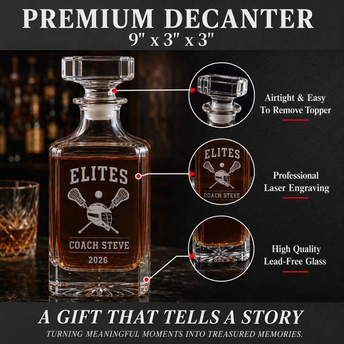 Personalized lacrosse coach decanter engraved with team name, coach name, and year, handcrafted in Connecticut, a unique gift for lacrosse coaches.