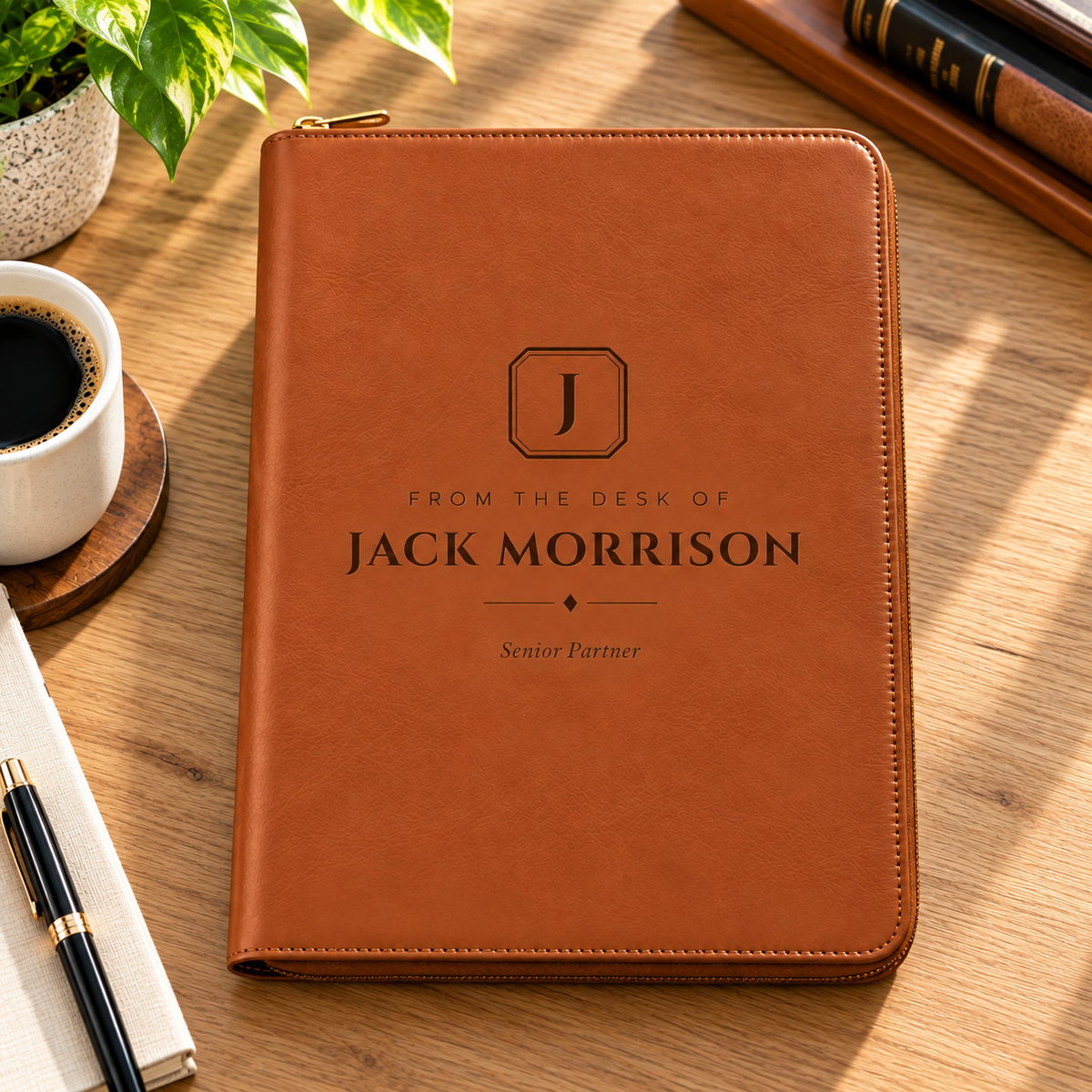 Three engraved padfolios in black, rawhide and gray with ideas for the top line and the line under his name, including Office of Dad
