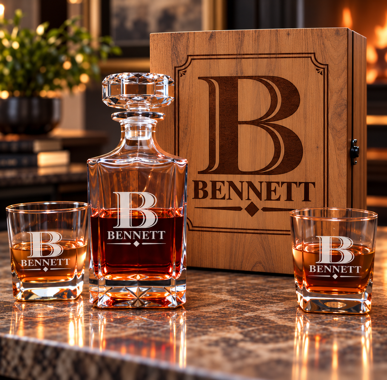 Personalized decanter and glasses in the Bold Initial and Name design next to a wood box engraved in the Classic Monogram design, both reading Bennett
