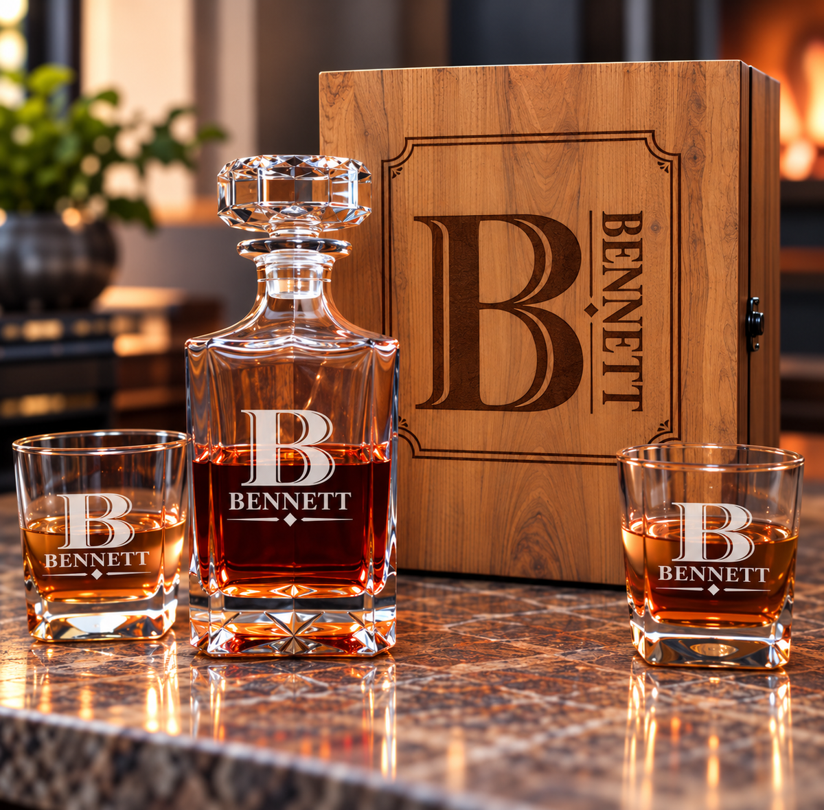Personalized decanter and glasses in the Bold Initial and Name design next to a wood box engraved in the Vertical Side Name design, both reading Bennett
