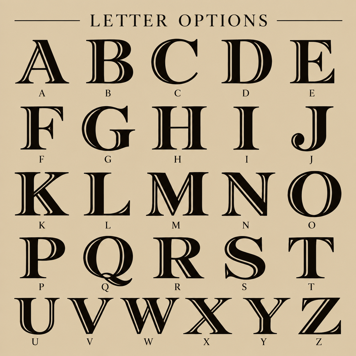 Reference chart showing all 26 letters A through Z in the engraving font used for the initial on the retirement decanter, box, and glass designs