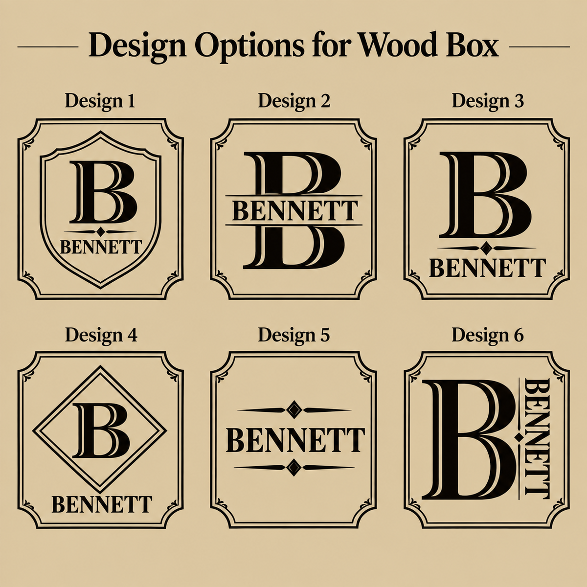 Chart of six wood box lid engraving designs: shield crest, split monogram banner, classic monogram, diamond frame, minimal wordmark, and vertical side name, sample name Bennett