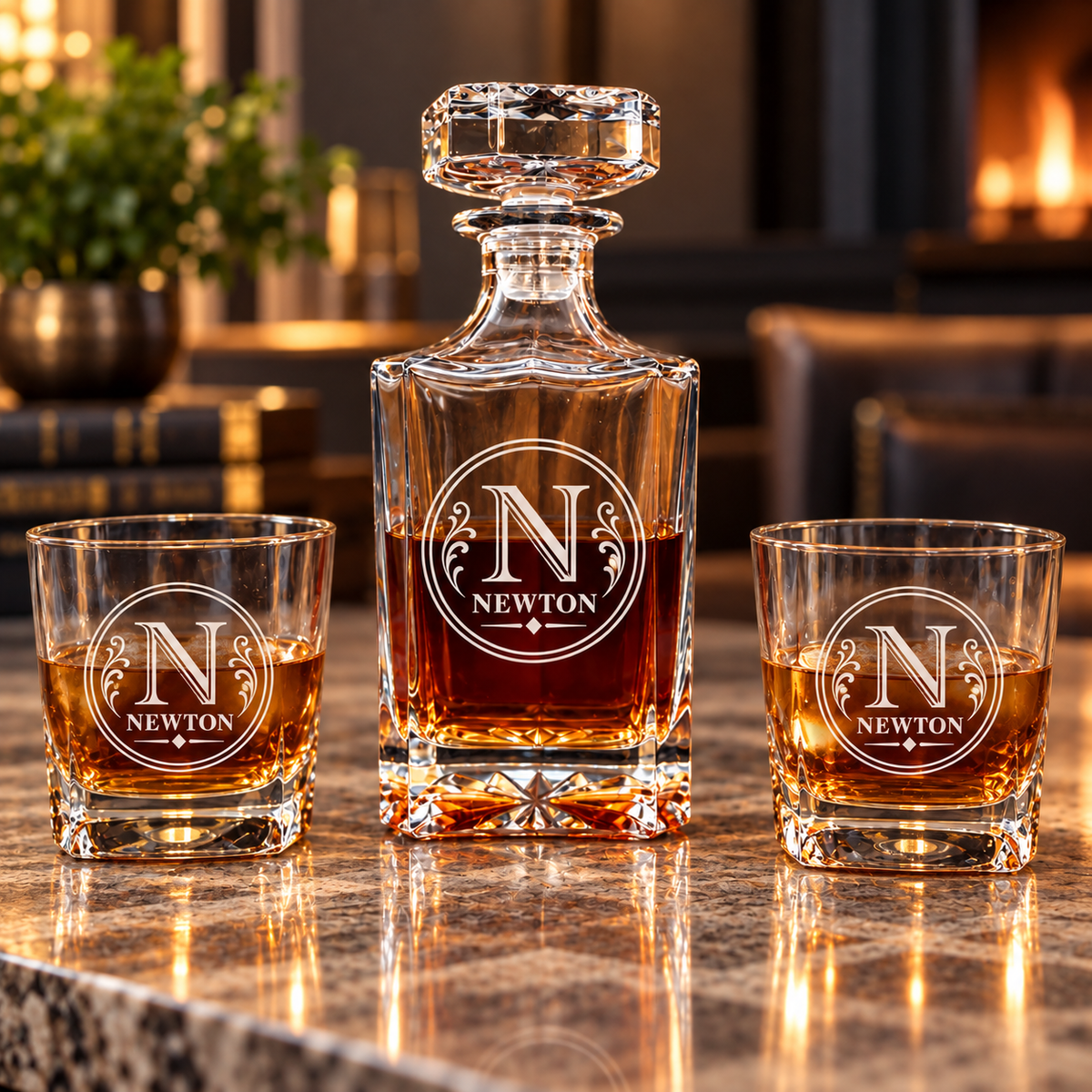 Personalized whiskey decanter and two matching glasses engraved with the Circle Crest design, showing the initial N and the name Newton