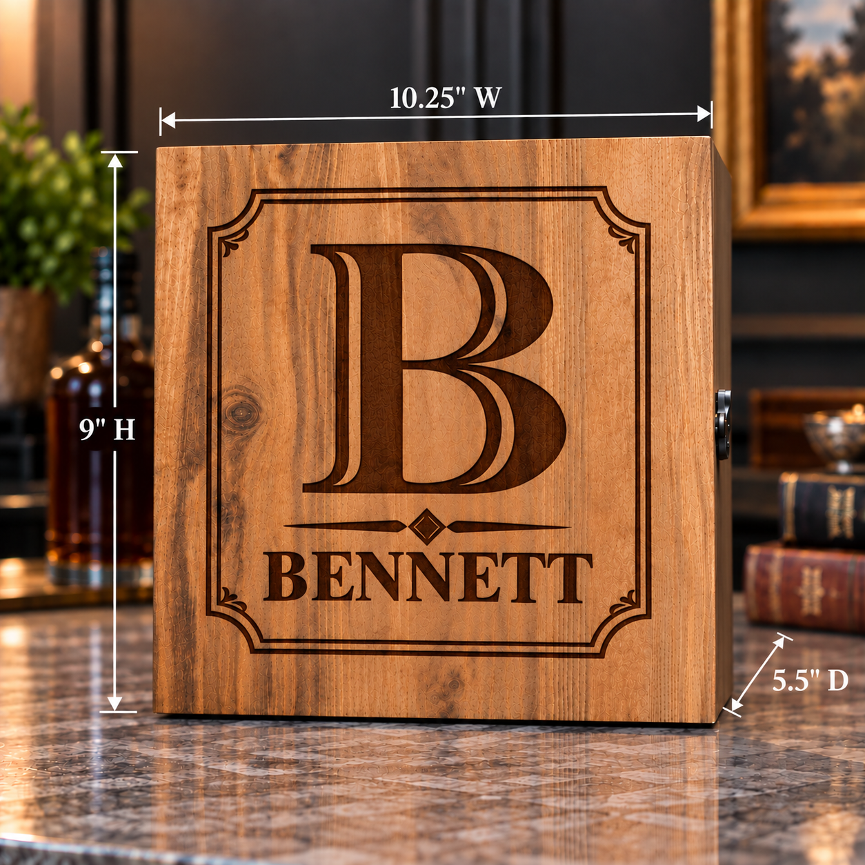 Light pine wood gift box engraved with the Classic Monogram design reading Bennett, shown alone to display the box's dimensions and finish