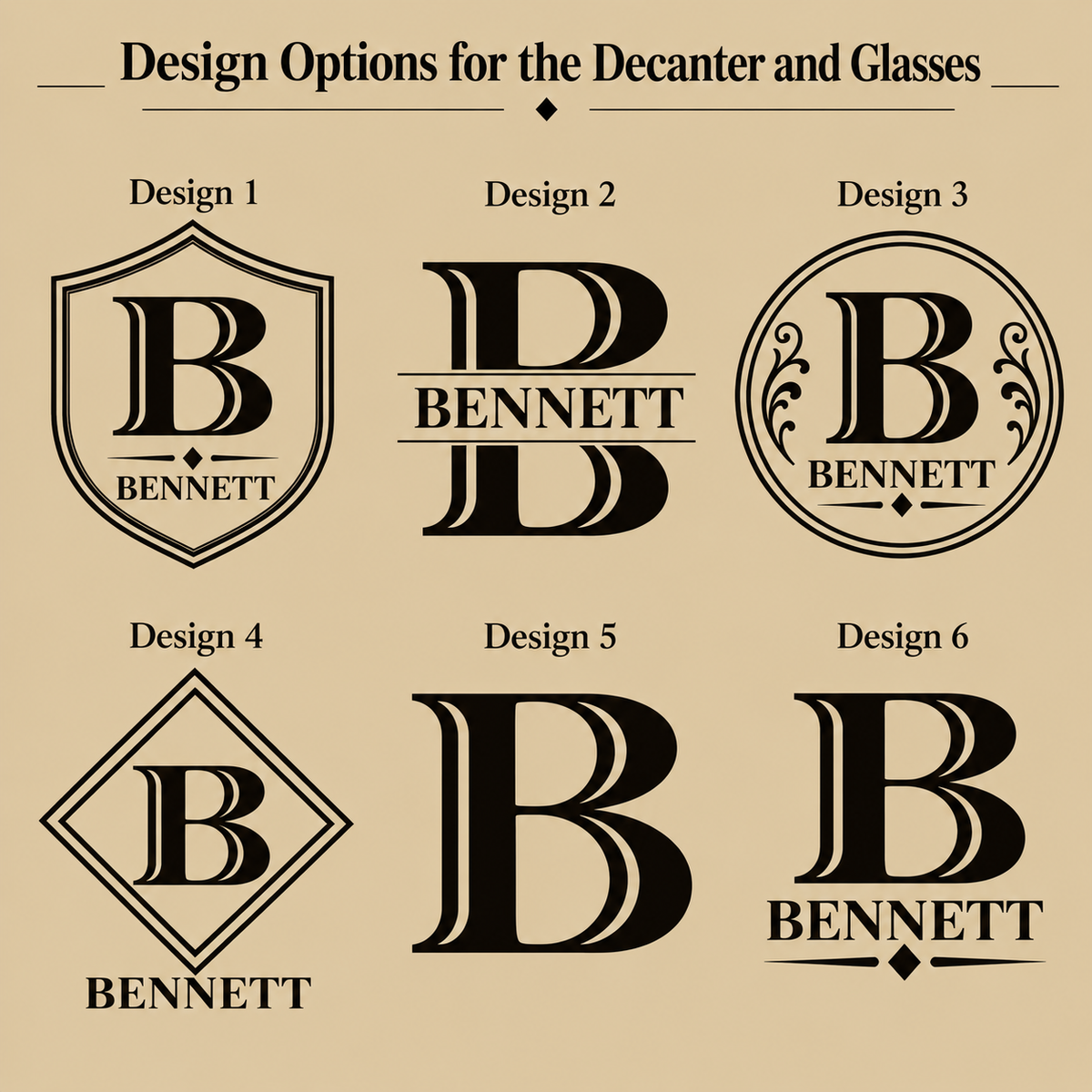 Chart of six decanter and glass engraving designs: shield crest, split monogram, circle crest, diamond frame, bold initial only, and bold initial with name, sample name Bennett