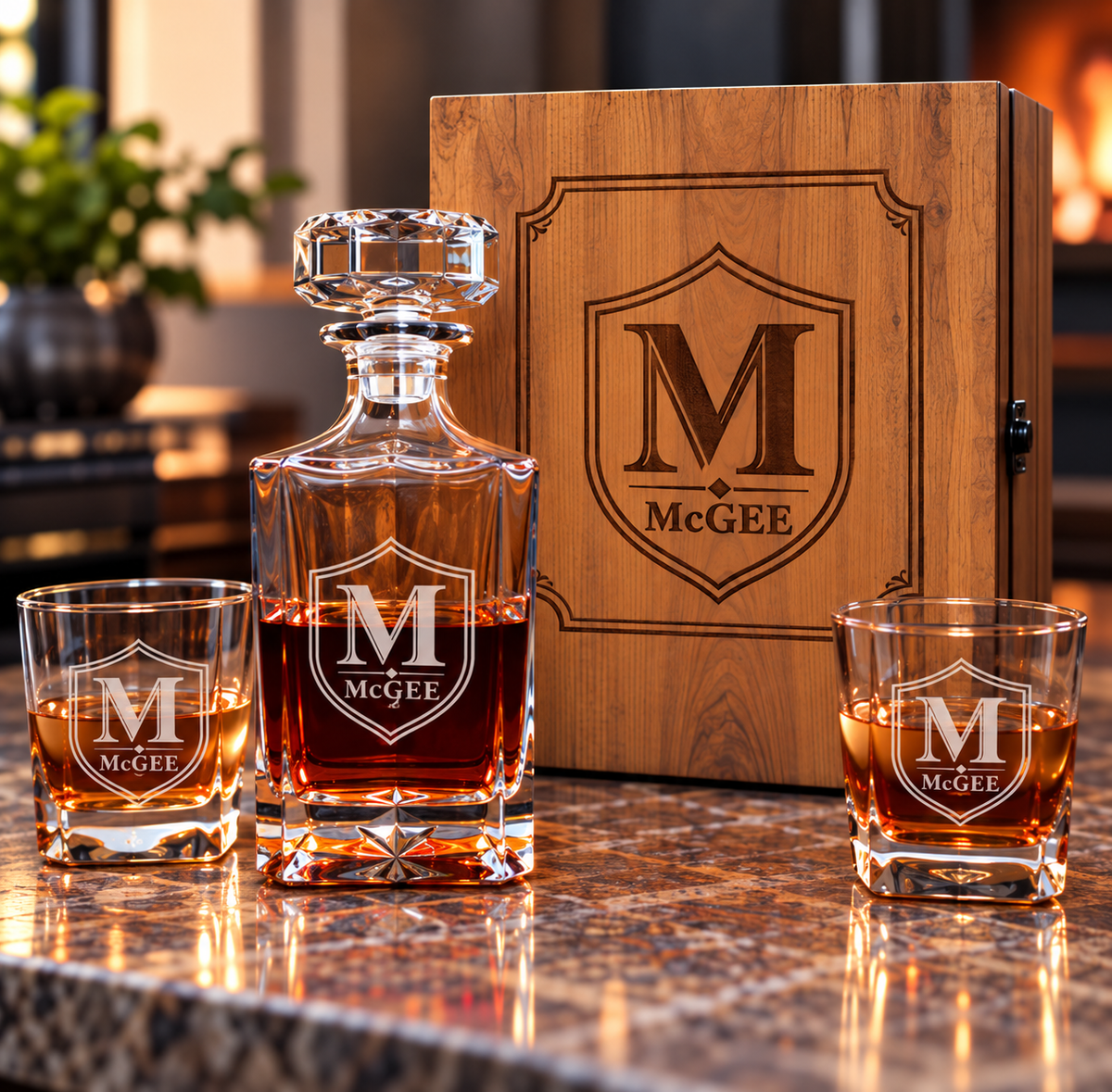 Personalized whiskey decanter, two glasses, and wood gift box all engraved with the Shield Crest design, showing the initial M and the name McGee
