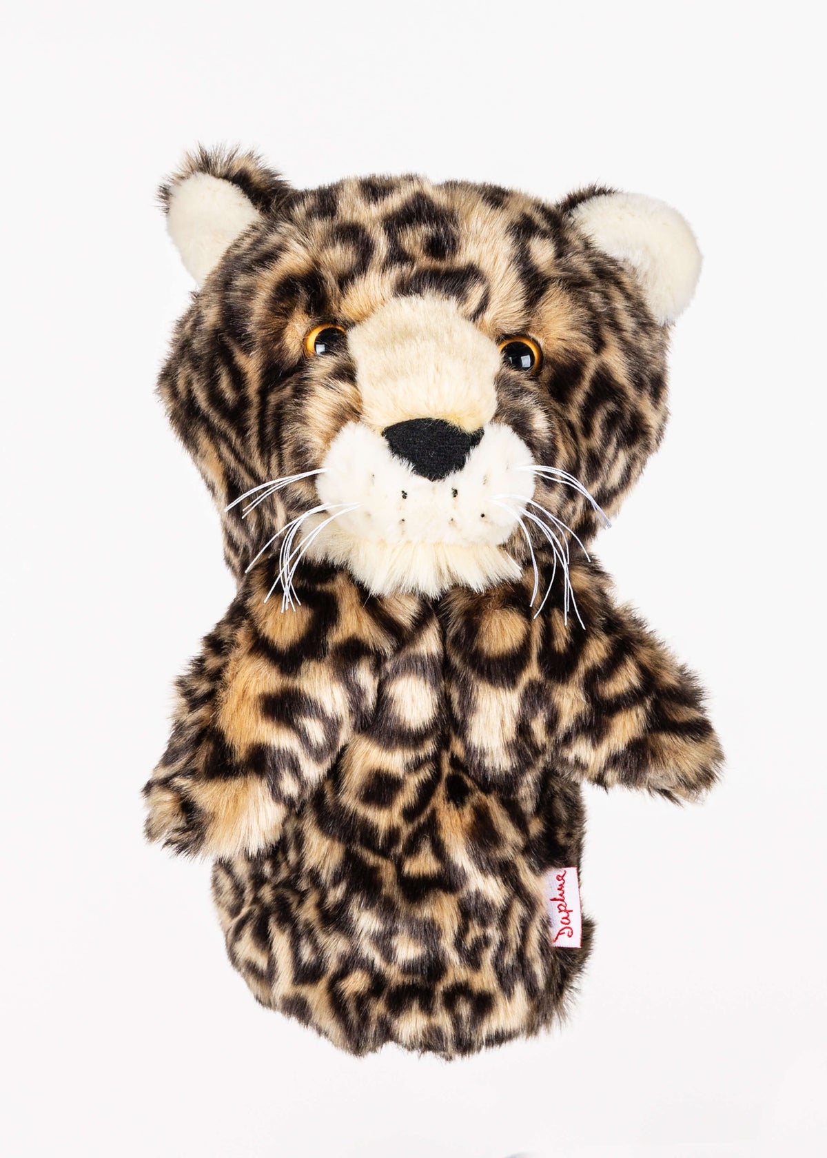 Leopard plush golf headcover for drivers up to 460cc, photographed on a plain background