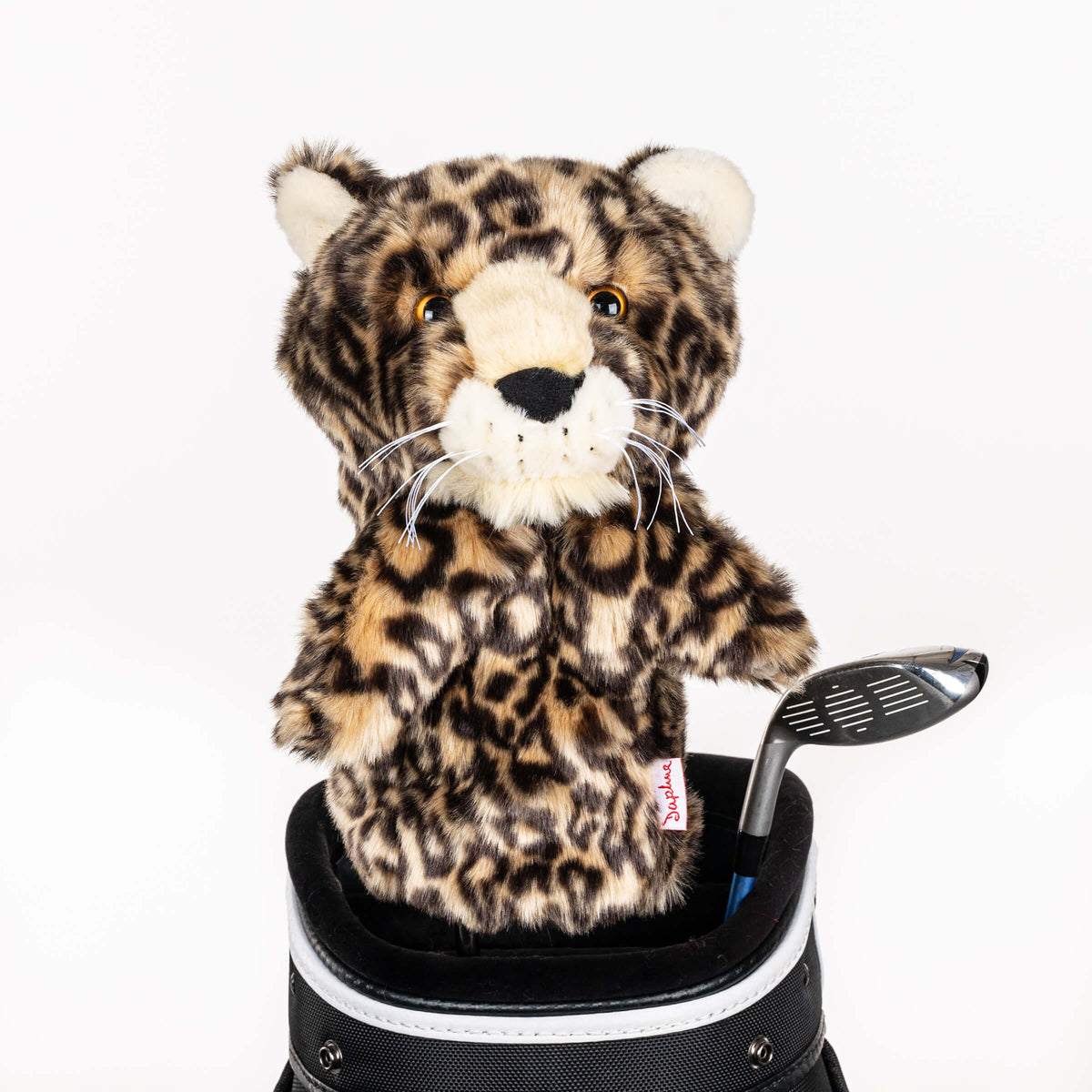 Plush leopard golf headcover covering a club in a golf bag, a standout golf gift for men from Groovy Guy Gifts