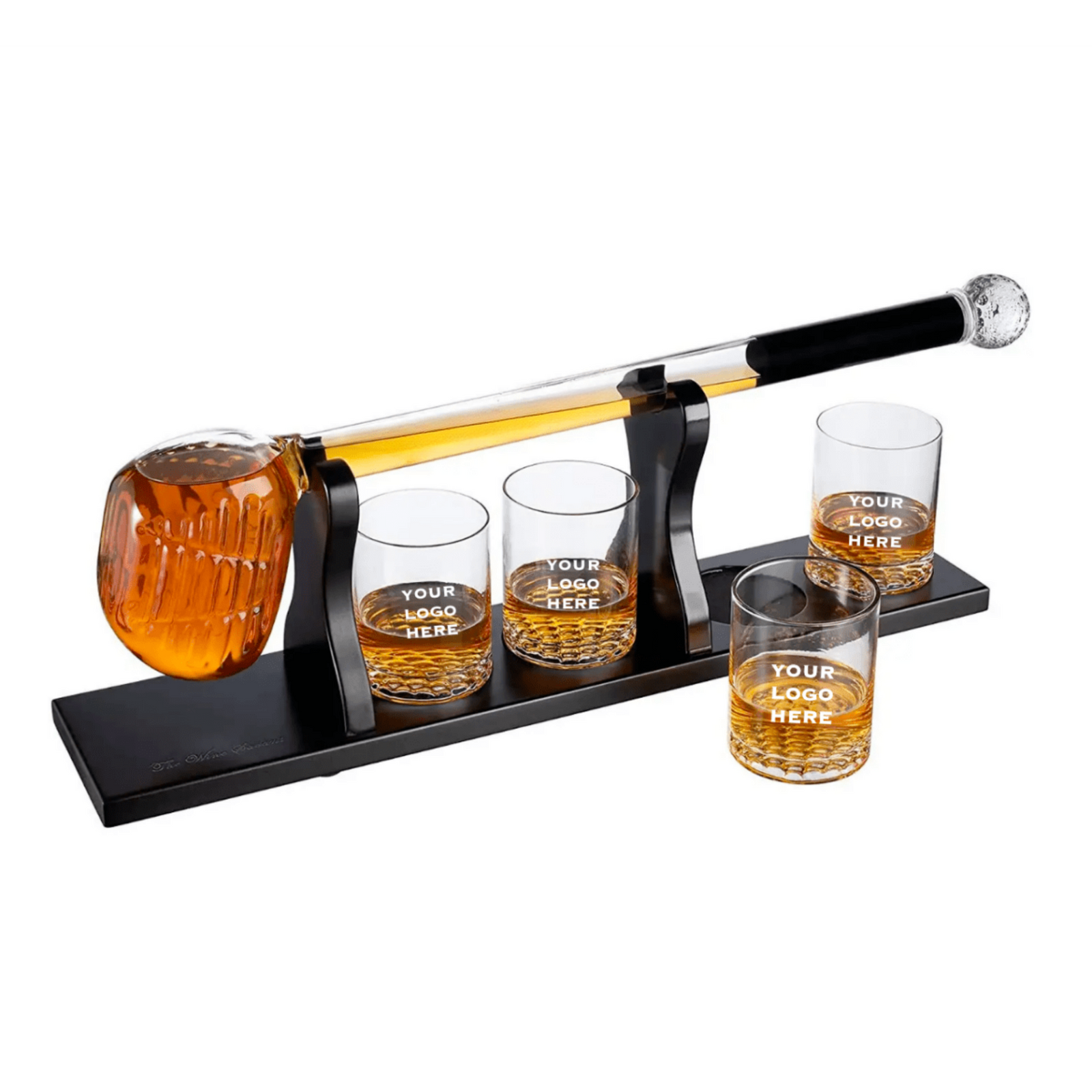 Golf club decanter set with sample logo engraving on four rocks glasses and black base stand, filled with whiskey and featuring crystal golf club-shaped stopper