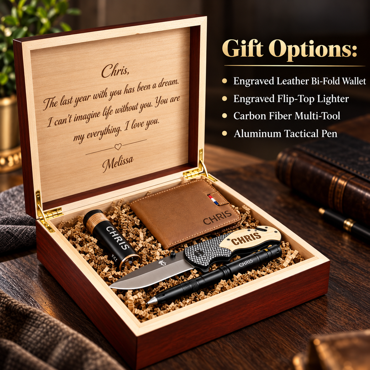 Open wooden box with engraved lid and interior containing an engraved knife, leather wallet, lighter, and tactical pen with sample personalization for Chris and Melissa
