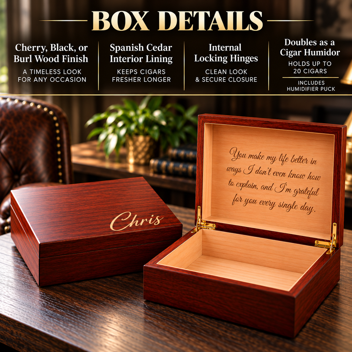 Dark wood keepsake box open, revealing cedar interior with sample laser-engraved message on lid, alongside closed box with monogrammed top showing box details