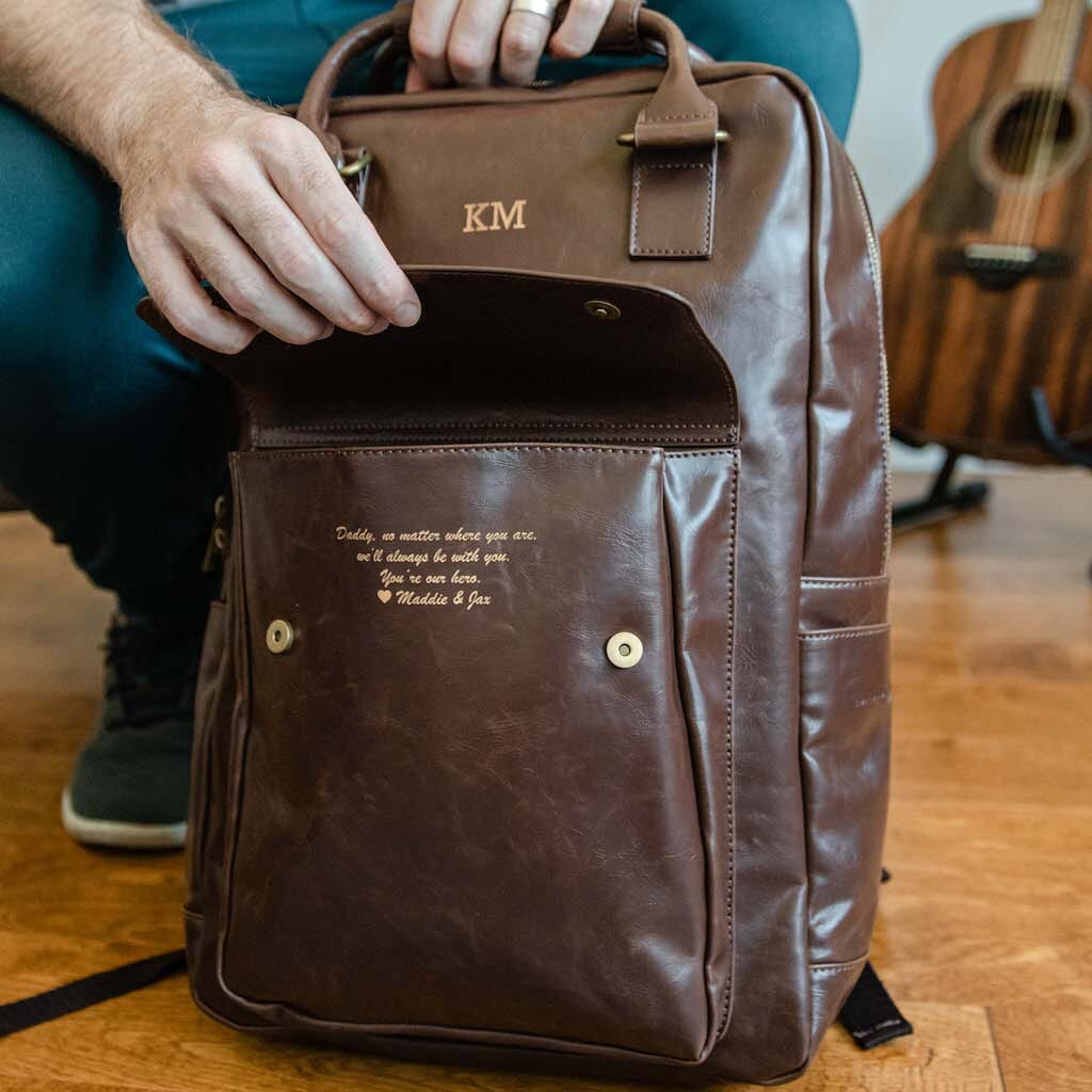 Unique Personalized Luxe Leather Laptop Backpack Customized Duffel Bags Gifts for Men by Groovy Guy