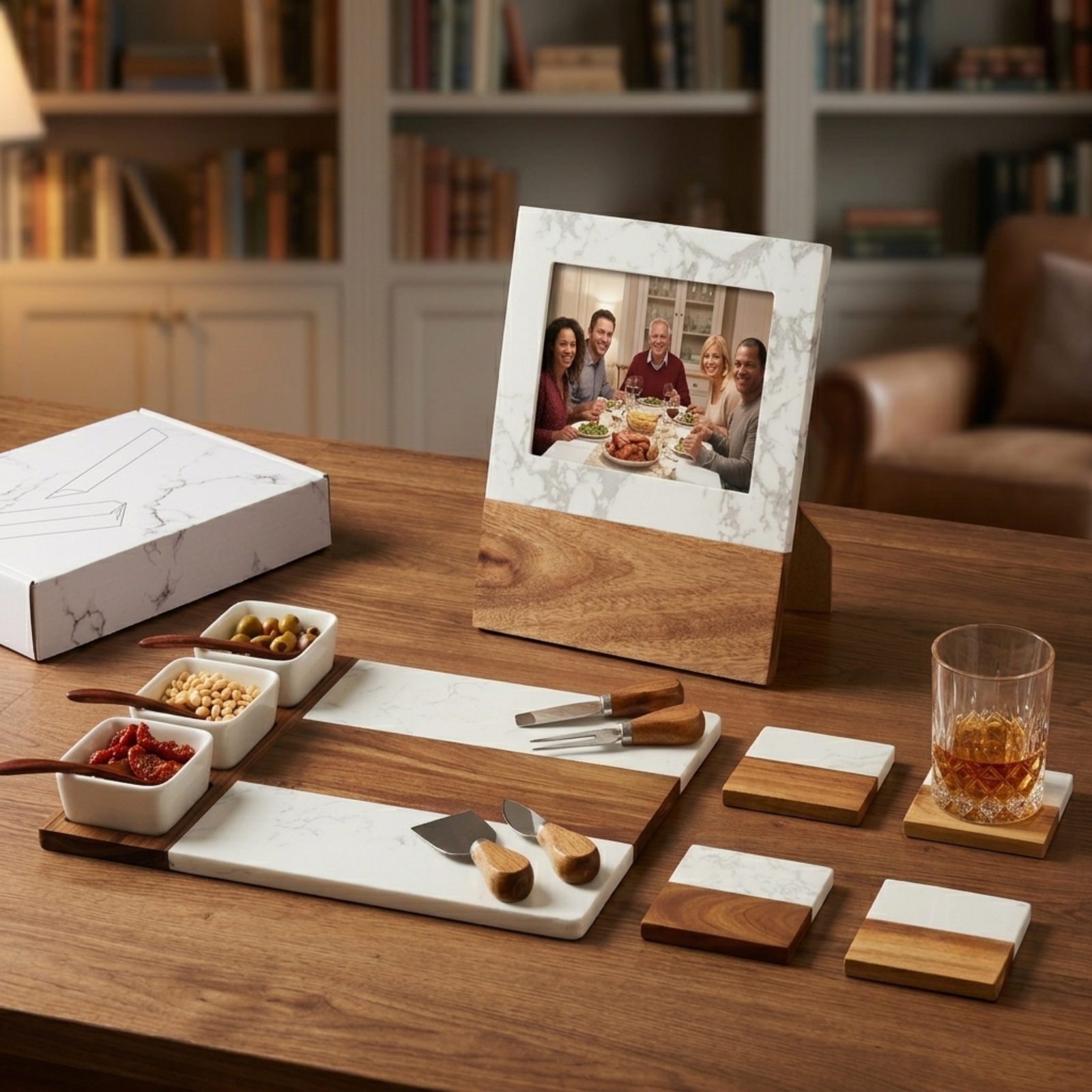 Marble and acacia housewarming gift set displayed on a dining table with the engraved picture frame, serving utensils, appetizers and a beverage glass.