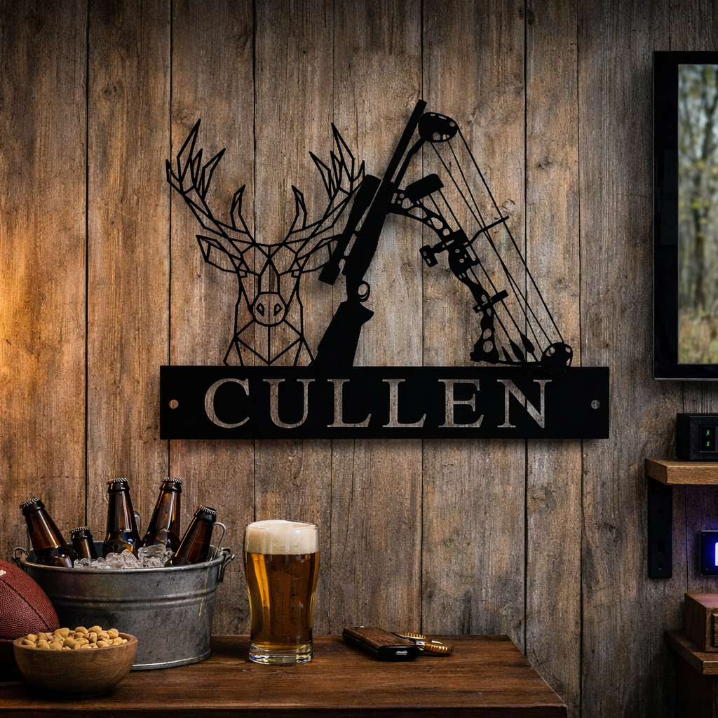 Man cave interior with deer head mount, archery set, and 'Cullen' sign on wooden wall.