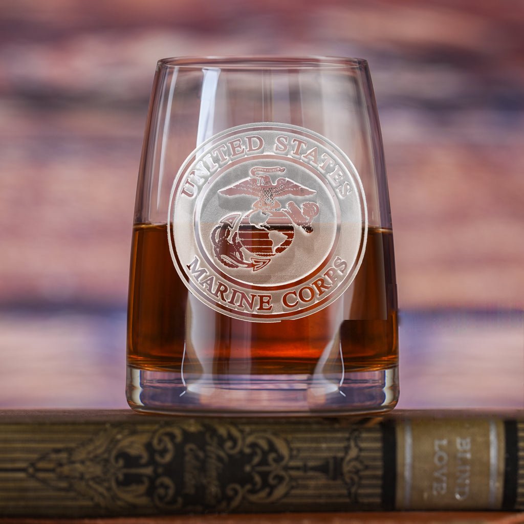 Semper Fidelis personalized Stolzle Marines whiskey glass with sand-carved Marine Corps seal