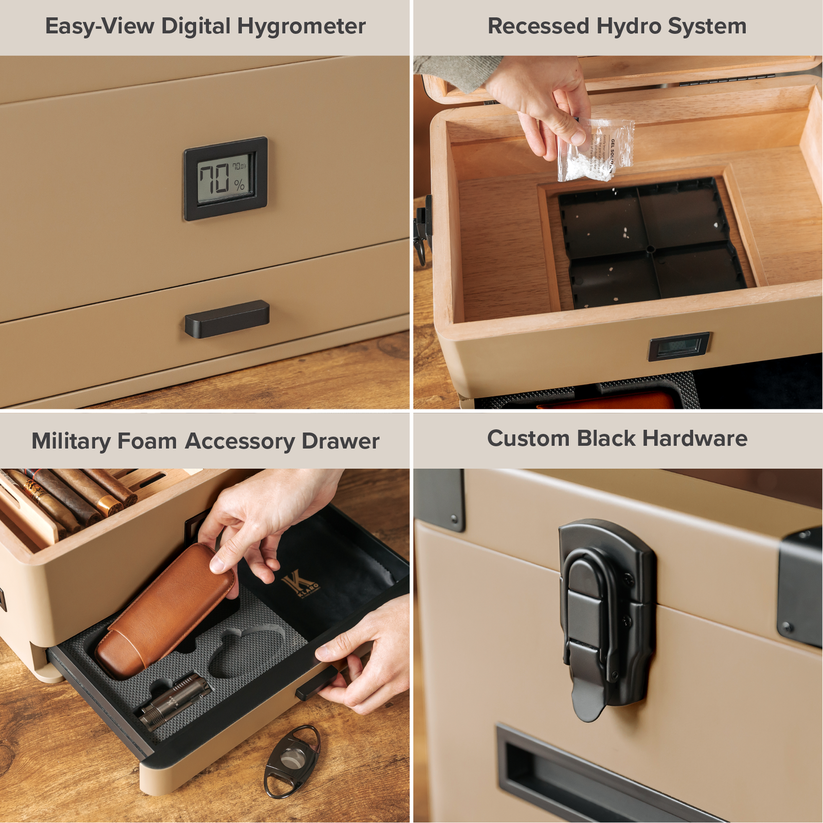 Coyote tan military cigar humidor with Spanish cedar lining, black corner guards, and storage drawer.
