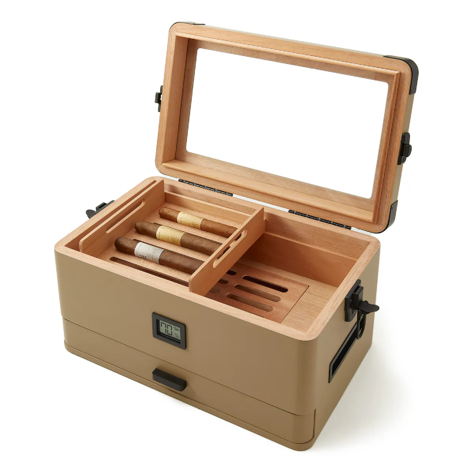 Coyote tan military cigar humidor with Spanish cedar lining, black corner guards, and storage drawer.