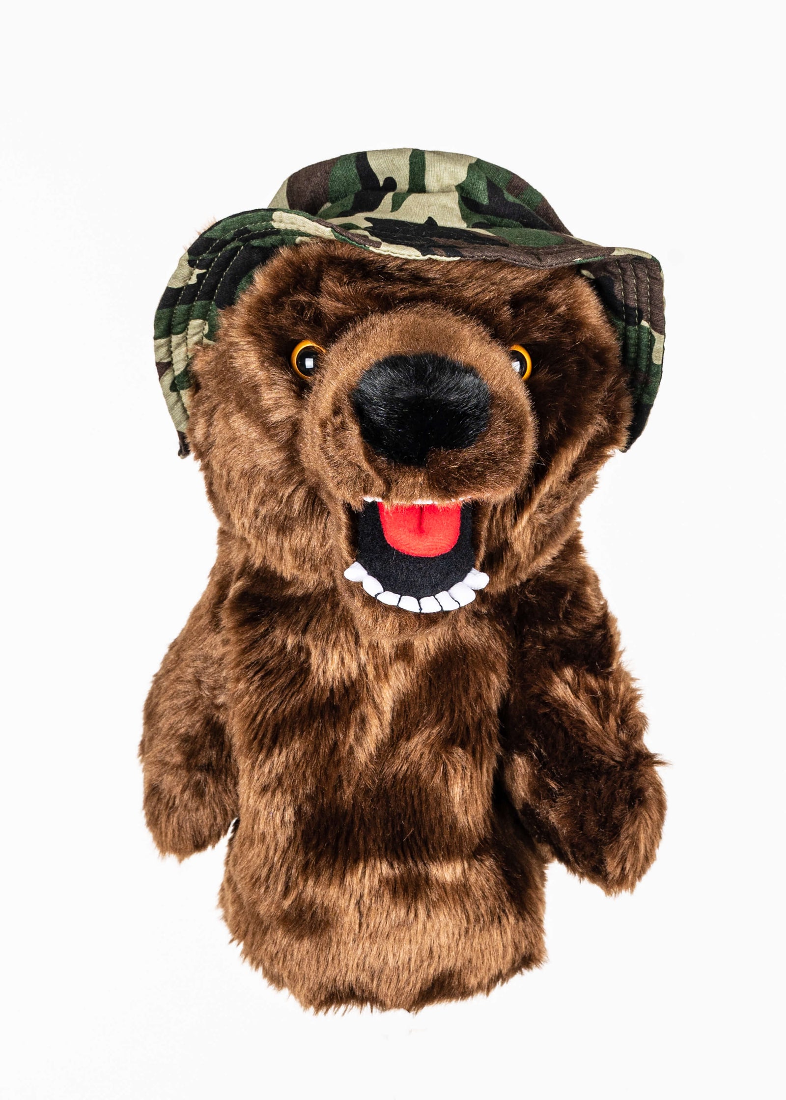 Military bear plush golf headcover for drivers up to 460cc, photographed on a plain background