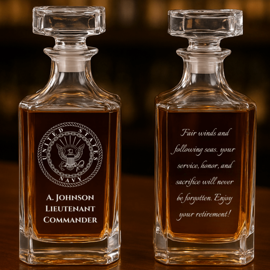 Personalized Navy Retirement Decanter with Custom Message and U.S. Navy Emblem

