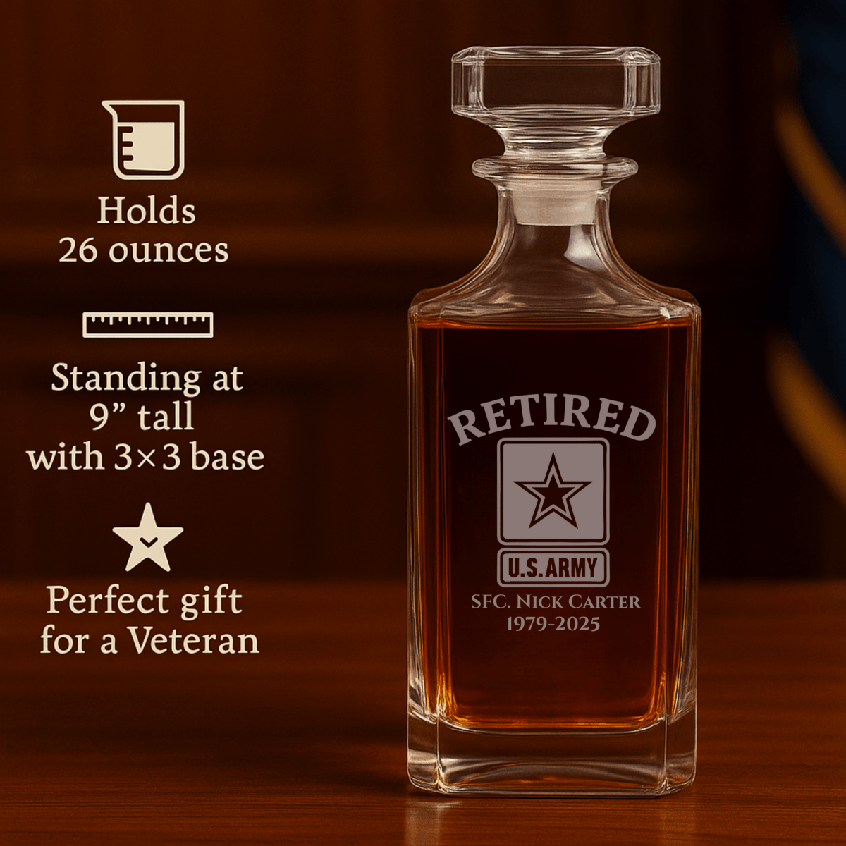 Unique Personalized Army Retirement Decanter Customized Retirement Gifts for Men by Groovy Guy