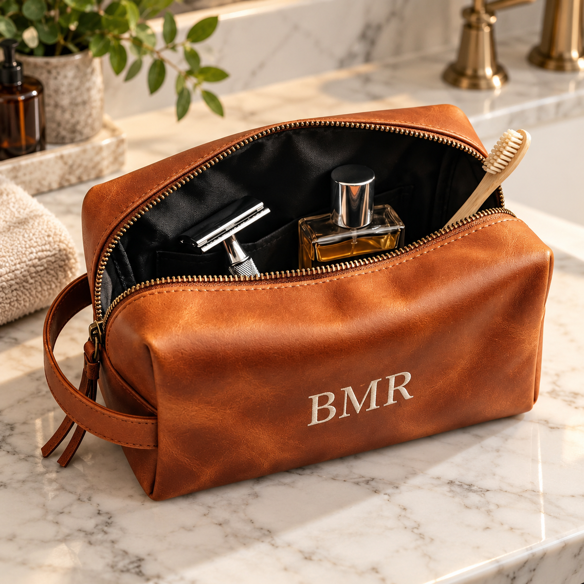 Cognac leather dopp kit unzipped on a marble counter, showing the dark water-resistant nylon lining with a razor, a cologne bottle and a toothbrush inside