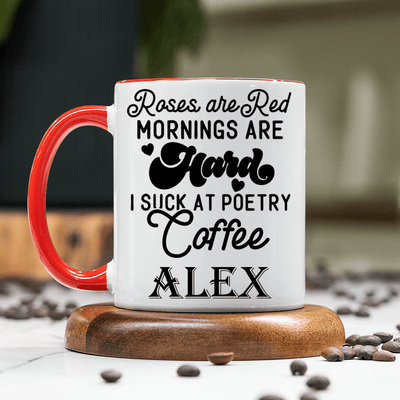 Red Funny Coffee Mug With Mornings Are Hard Gimme Coffee Design