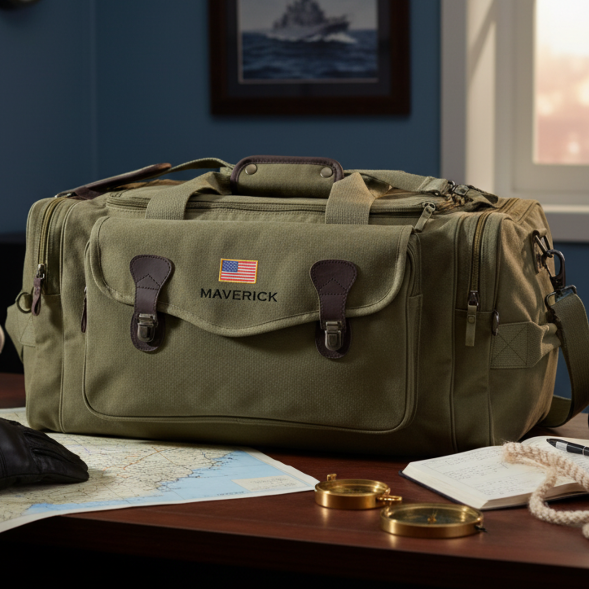 Tan canvas duffle bag with brown leather handles and accents, featuring an embroidered American flag and "MAVERICK" text on front, displayed on wooden desk with maps and brass compasses