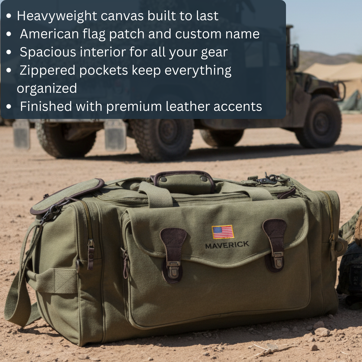 Tan canvas duffle bag with American flag patch and personalized name "MAVERICK" embroidered on front, paired with brown leather handles and straps, positioned on desert ground with military vehicle in background