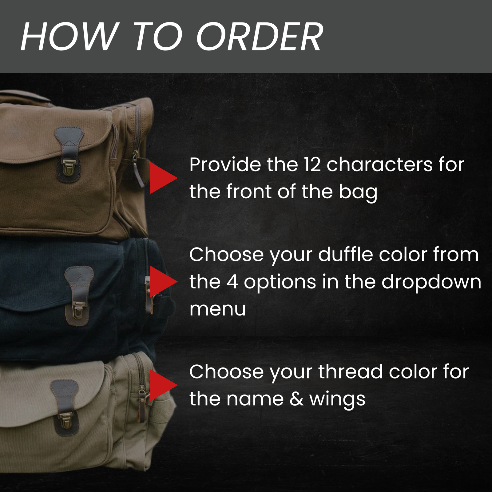 Three canvas duffel bags stacked vertically showing customization options: tan and navy colorways with leather accents and brass hardware, accompanied by ordering instructions for personalization