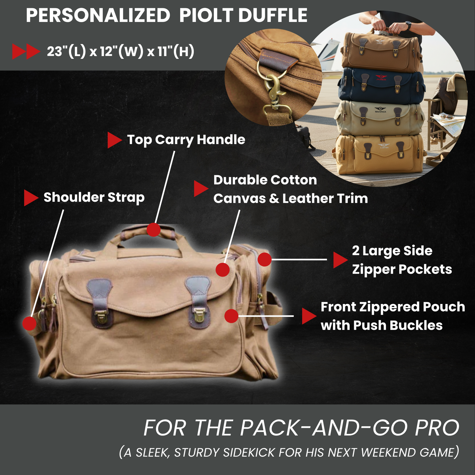 Tan canvas pilot duffle with labeled features including top carry handle, shoulder strap, leather trim accents, front zippered pouch with push buckles, and side pockets; shown with color-variant stack and detail close-up of brass hardware