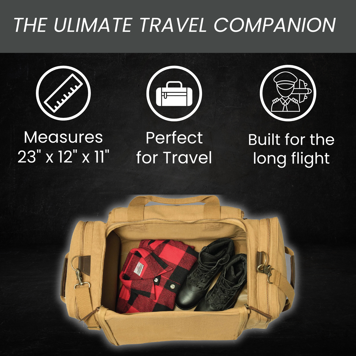Tan canvas duffel bag opened to show interior storage capacity with red plaid shirt and black boots inside, dimensions 23" x 12" x 11