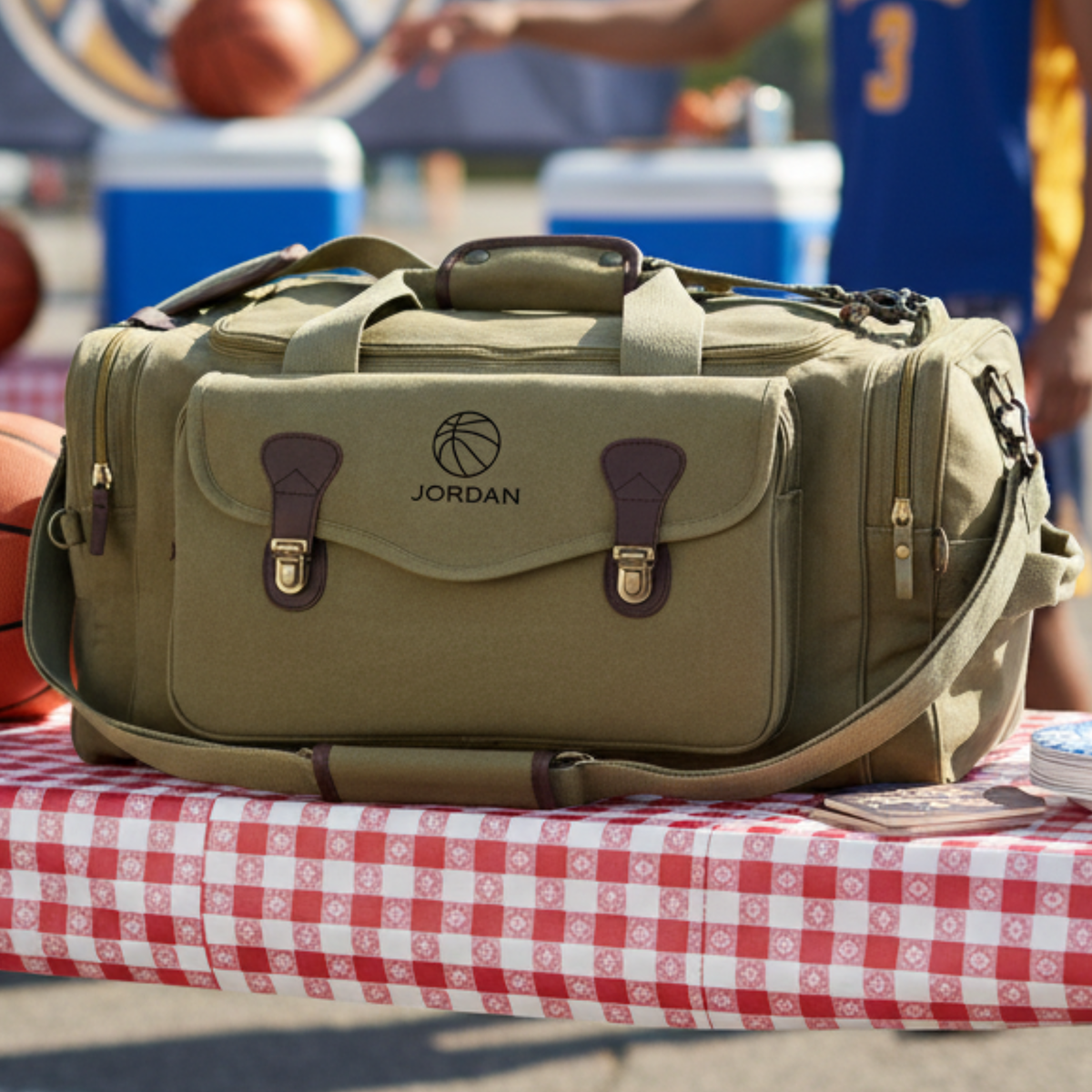 Tan canvas duffle bag with burgundy leather accents and brass hardware, customized with "JORDAN" and basketball icon emblem, displayed on picnic table at outdoor sports event
