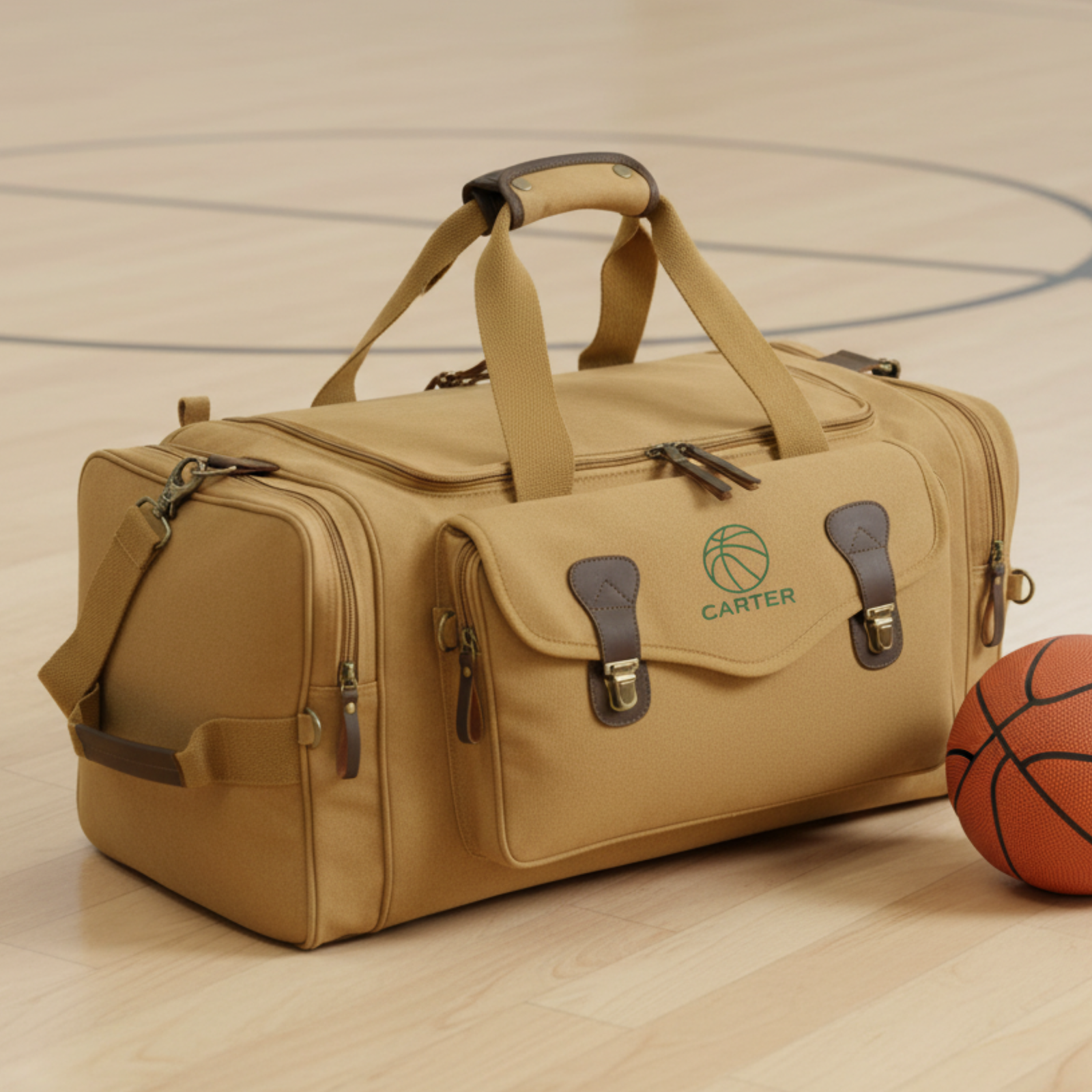 Tan canvas duffle bag with personalized sample text "CARTER" and basketball icon embroidered on front, shown on wooden basketball court with ball nearby