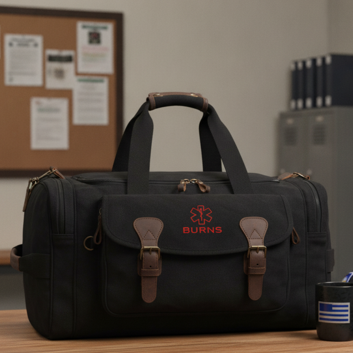 Black EMT duffle bag with brown leather straps and handles, embroidered with a red Star of Life emblem and the sample name BURNS.