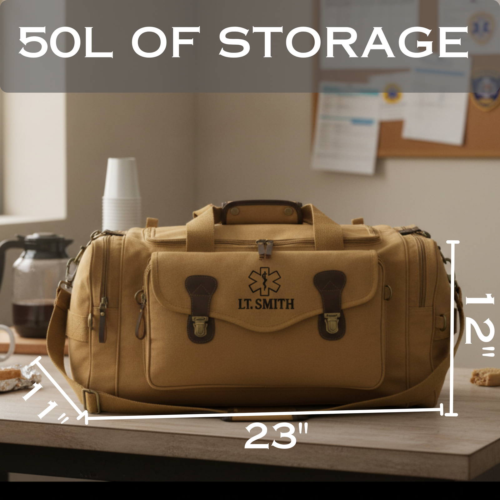 Tan EMT duffle bag embroidered LT. SMITH with a Star of Life, shown with 23 by 17 by 12 inch dimensions and 50L of storage capacity.