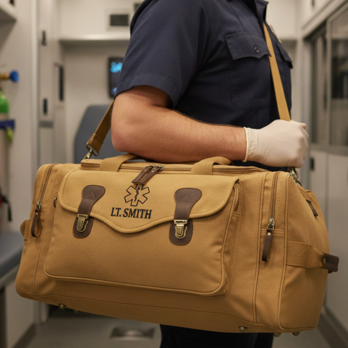 Tan paramedic duffle bag with brown leather handles, personalized LT. SMITH with a Star of Life, carried by an EMS crew member in a navy shirt.